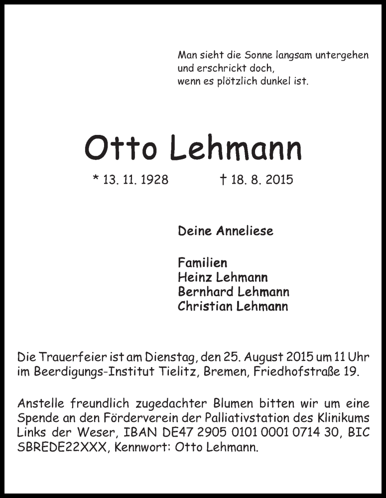 Traueranzeige von Otto Lehmann von WESER-KURIER