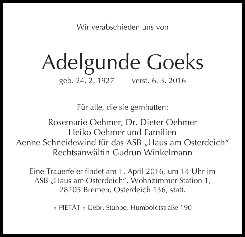 Traueranzeige von Adelgunde Goeks von WESER-KURIER