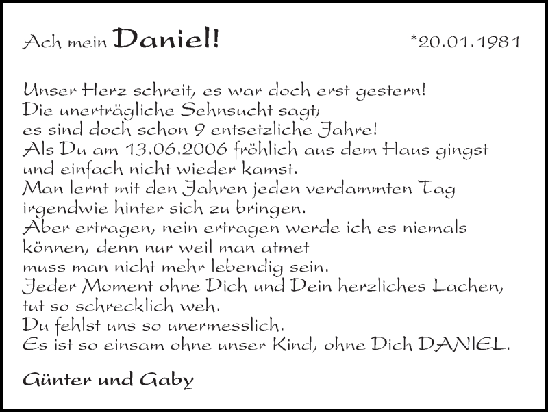  Traueranzeige für Daniel Meink vom 13.06.2015 aus WESER-KURIER