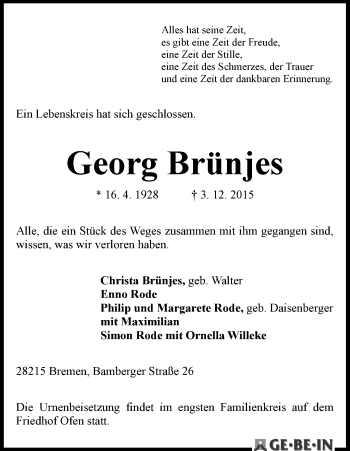 Traueranzeige von Georg Brünjes