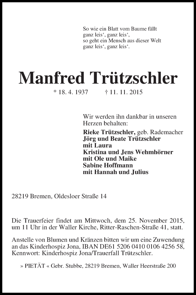 Traueranzeige von Manfred Trützschler von WESER-KURIER