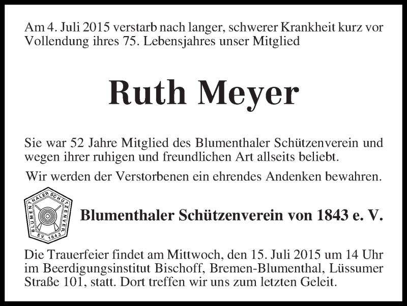 Traueranzeige von Ruth Meyer von Die Norddeutsche