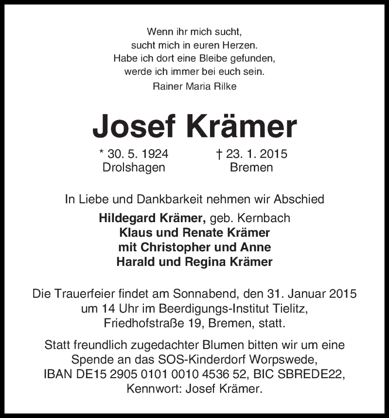 Traueranzeige von Josef Krämer von WESER-KURIER