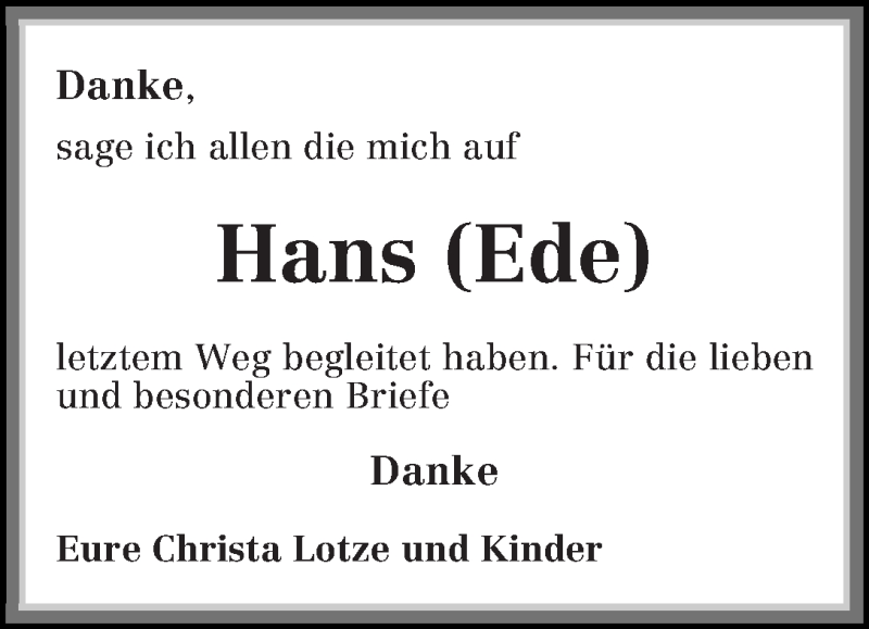 Traueranzeige von Hans (Ede) Lotze von WESER-KURIER