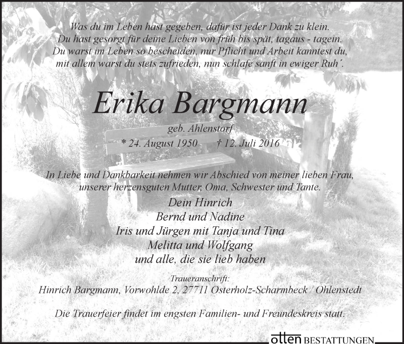 Traueranzeige von Erika Bargmann von Osterholzer Kreisblatt