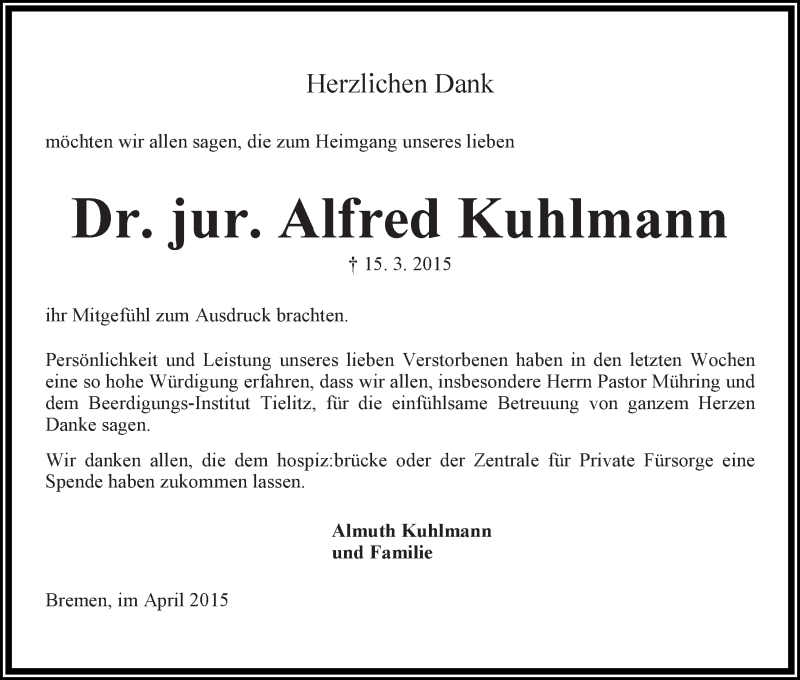 Traueranzeige von Alfred Kuhlmann von WESER-KURIER