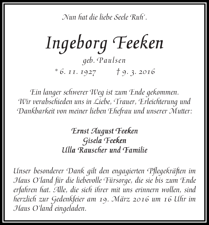 Traueranzeige von Ingeborg Feeken von WESER-KURIER