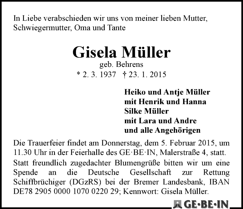 Traueranzeige von Gisela Müller von WESER-KURIER