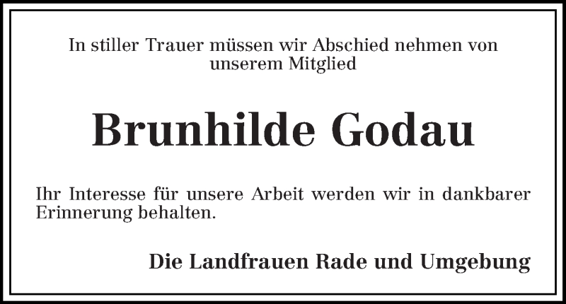 Traueranzeige von Brunhilde Godau von Die Norddeutsche