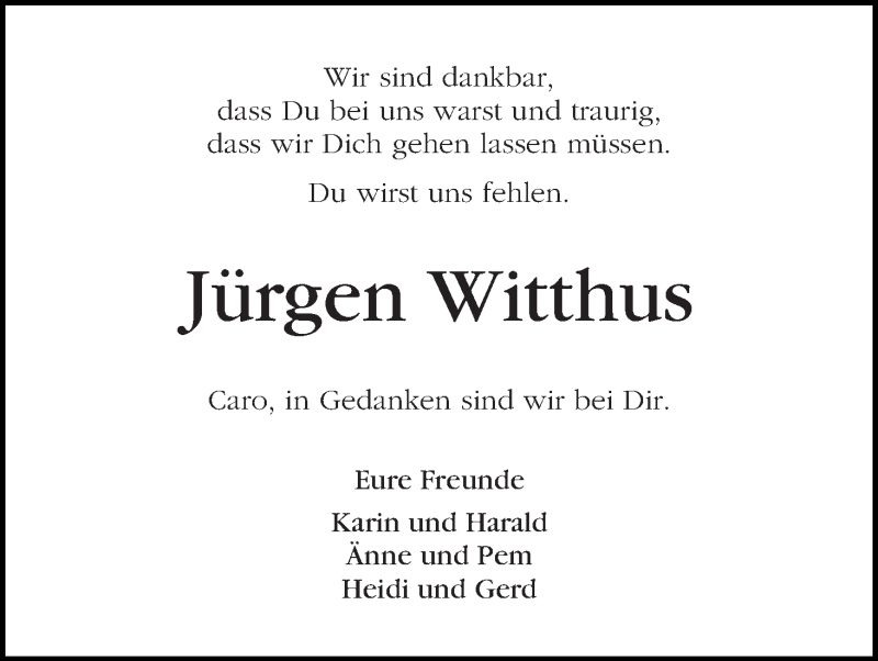  Traueranzeige für Jürgen Witthus vom 15.04.2015 aus Die Norddeutsche