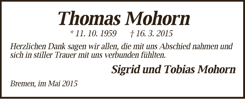 Traueranzeige von Thomas Mohorn von WESER-KURIER