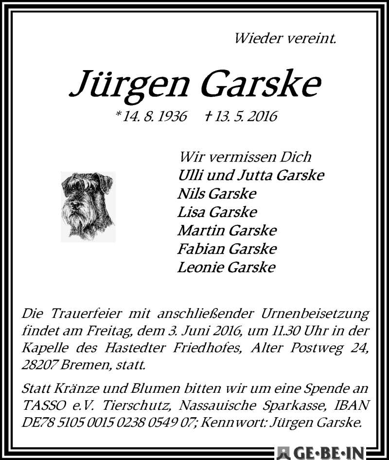 Traueranzeige von Jürgen Garske von WESER-KURIER