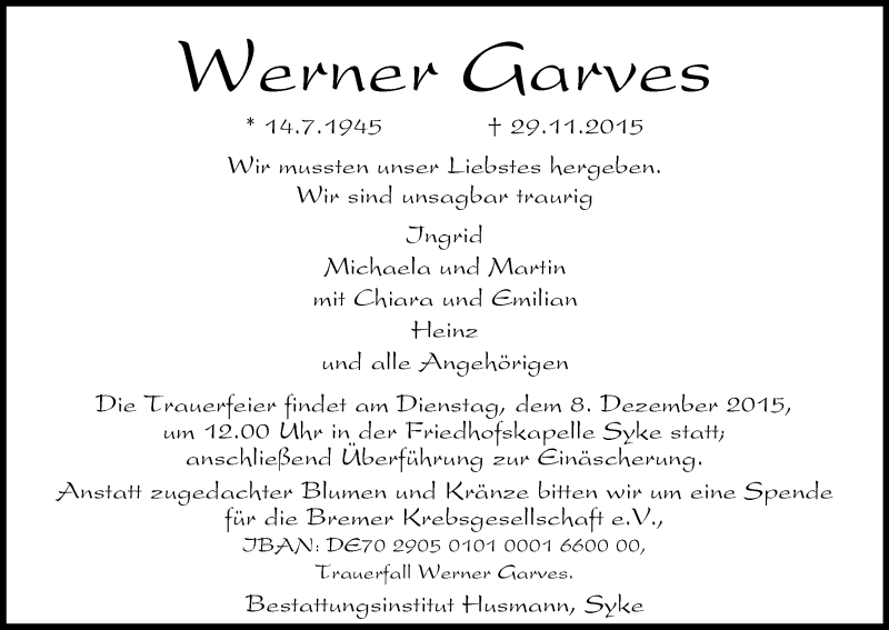 Traueranzeige von Werner Garves von WESER-KURIER