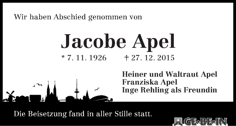 Traueranzeige von Jacobe Apel von WESER-KURIER