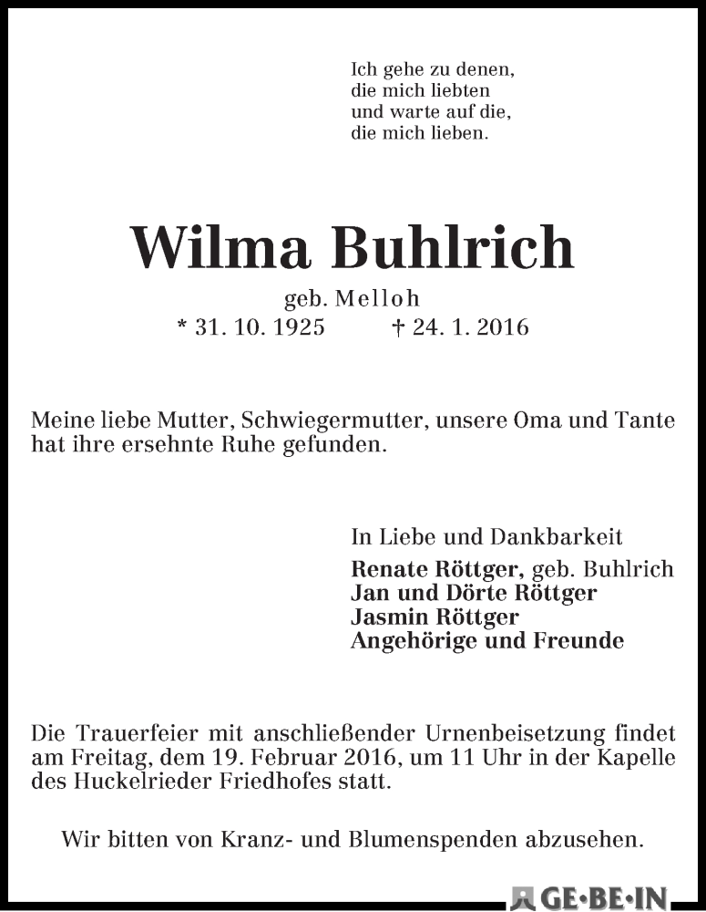 Traueranzeige von Wilma Buhlrich von WESER-KURIER