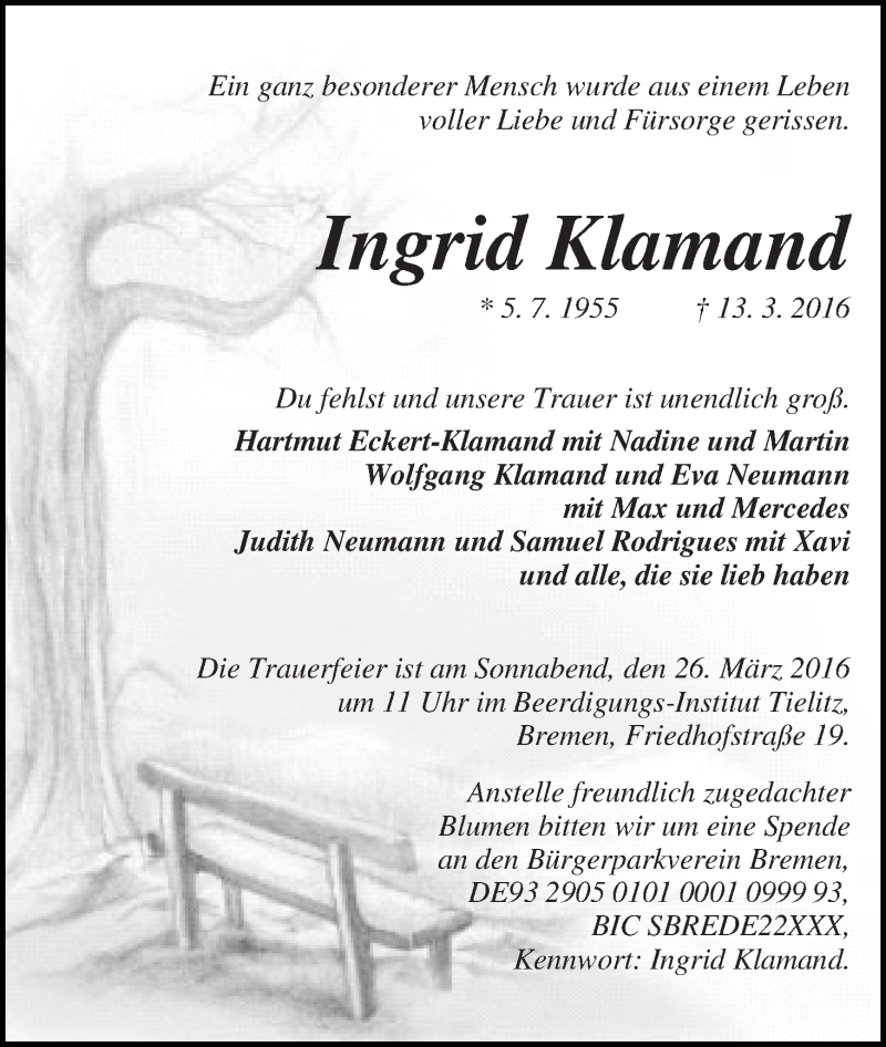  Traueranzeige für Ingrid Klamand vom 19.03.2016 aus WESER-KURIER