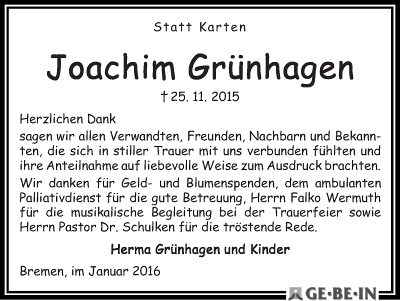 Traueranzeige von Joachim Grünhagen von WESER-KURIER