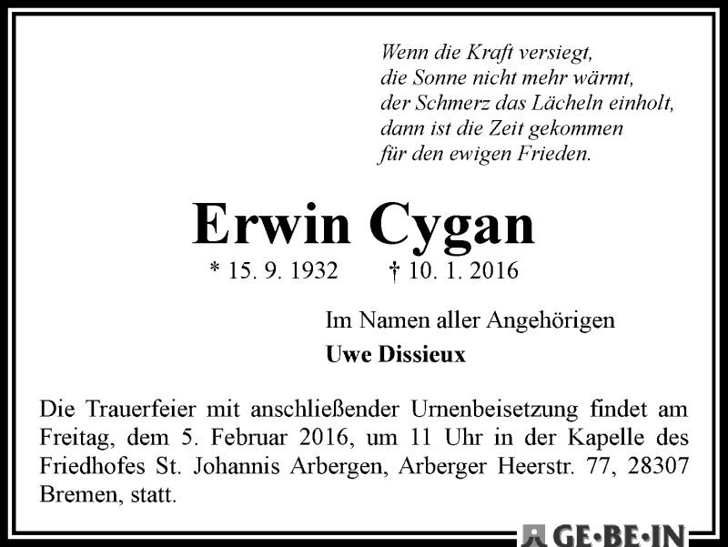 Traueranzeige von Erwin Cygan von WESER-KURIER