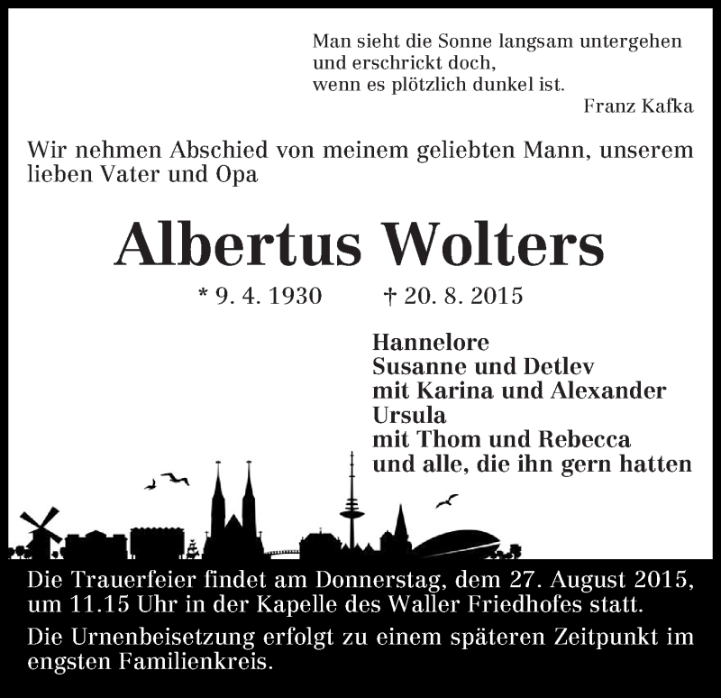 Traueranzeige von Albertus Wolters von WESER-KURIER