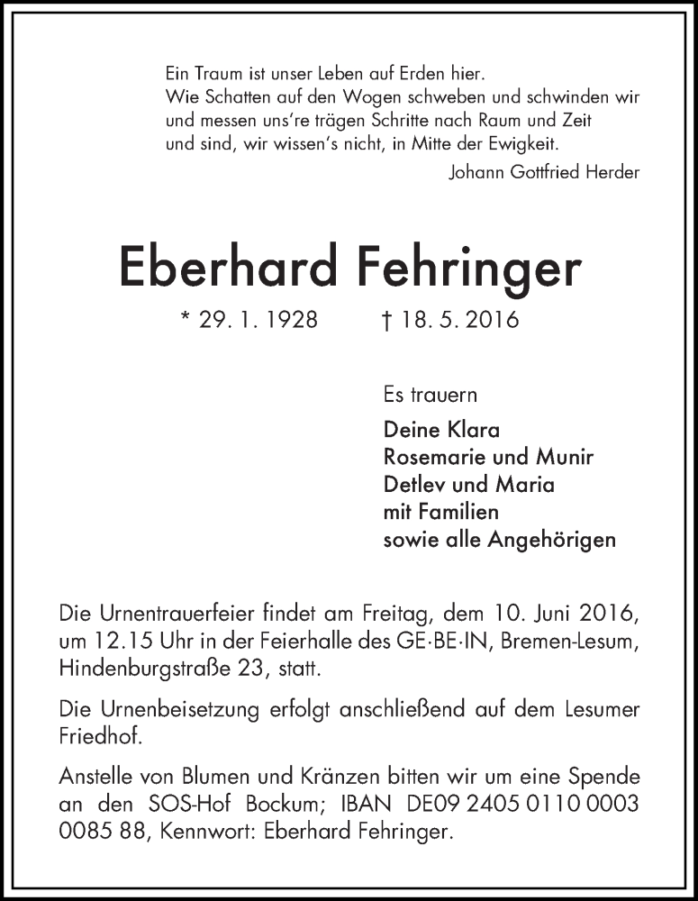 Traueranzeige von Eberhard Fehringer von Die Norddeutsche