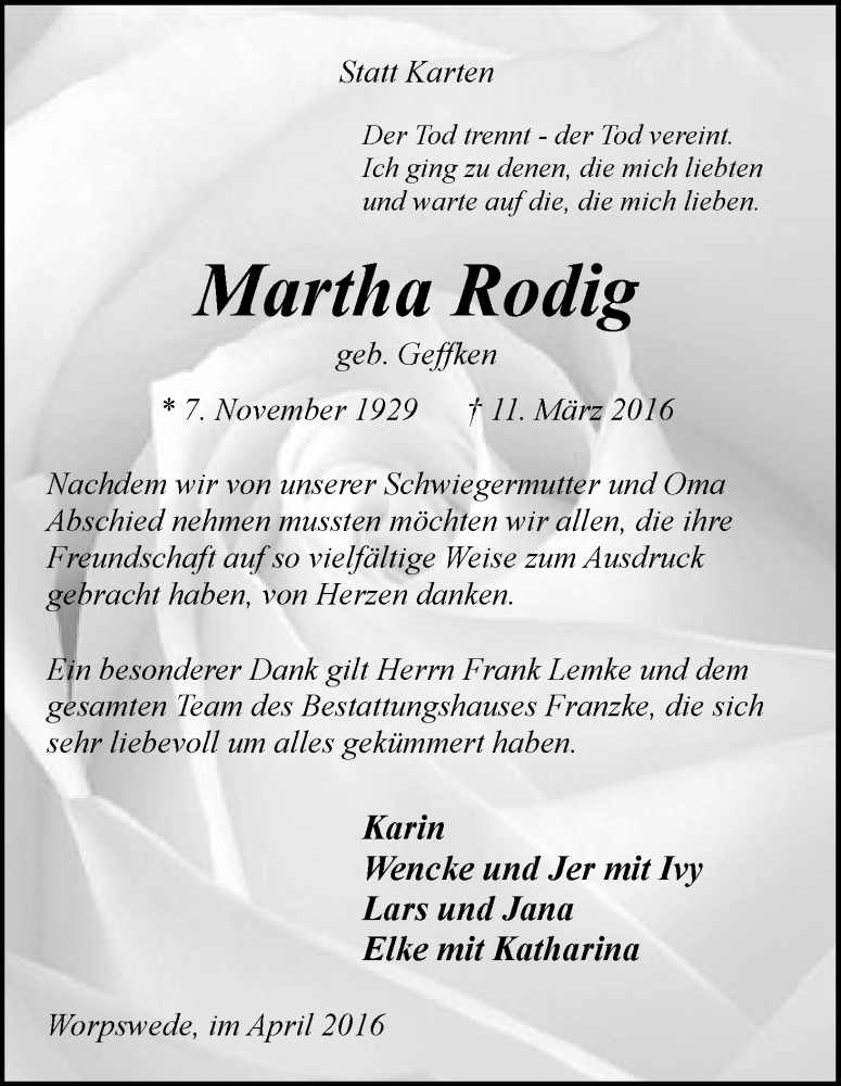 Traueranzeige von Martha Rodig von Wuemme Zeitung