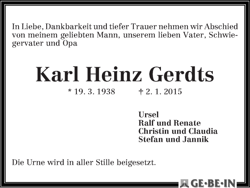 Traueranzeige von Karl Heinz Gerdts von WESER-KURIER
