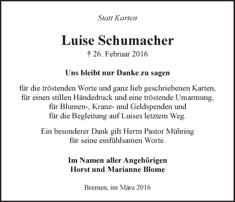Traueranzeigen von Luise Schumacher | Trauer & Gedenken