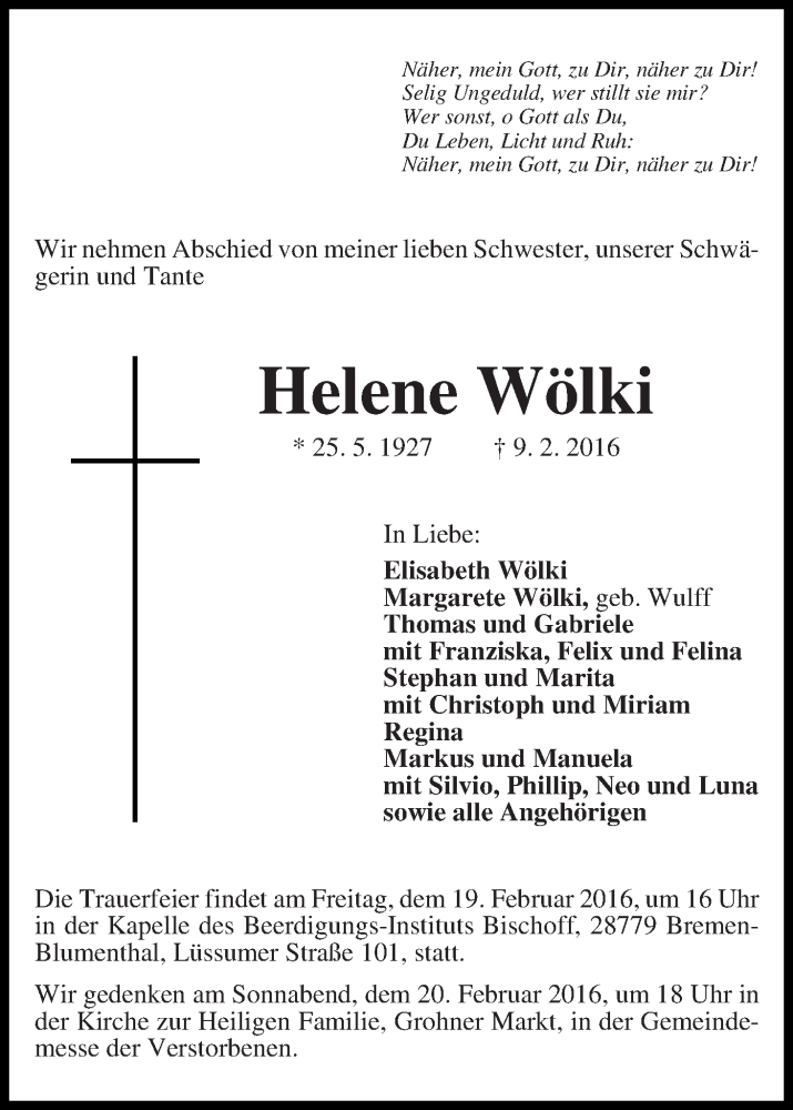 Traueranzeige von Helene Wölki von Die Norddeutsche