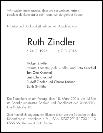 Traueranzeige von Ruth Zindler