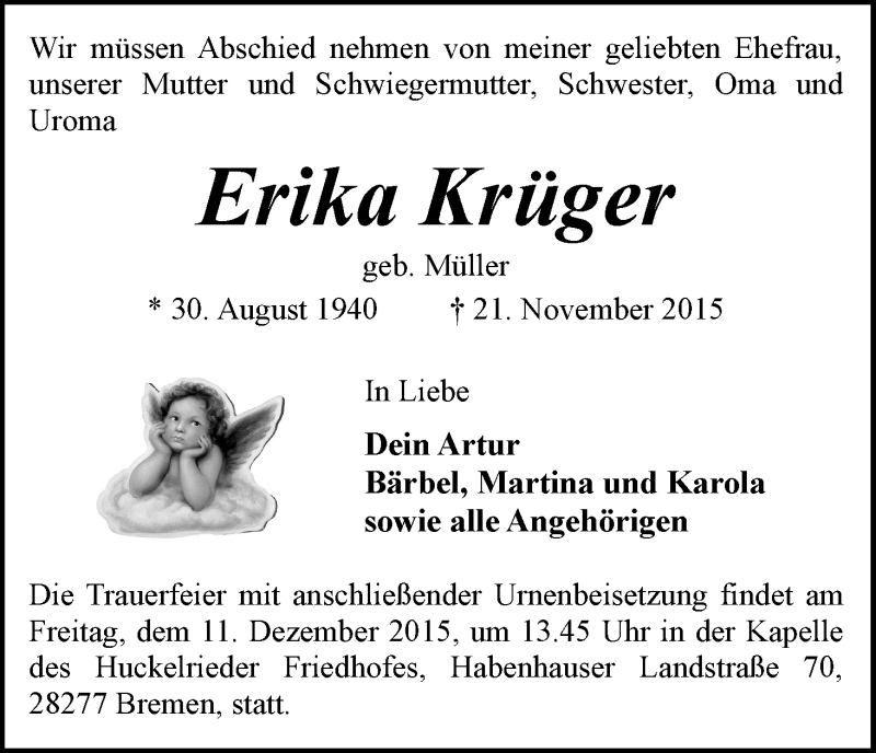  Traueranzeige für Erika Krüger vom 05.12.2015 aus WESER-KURIER