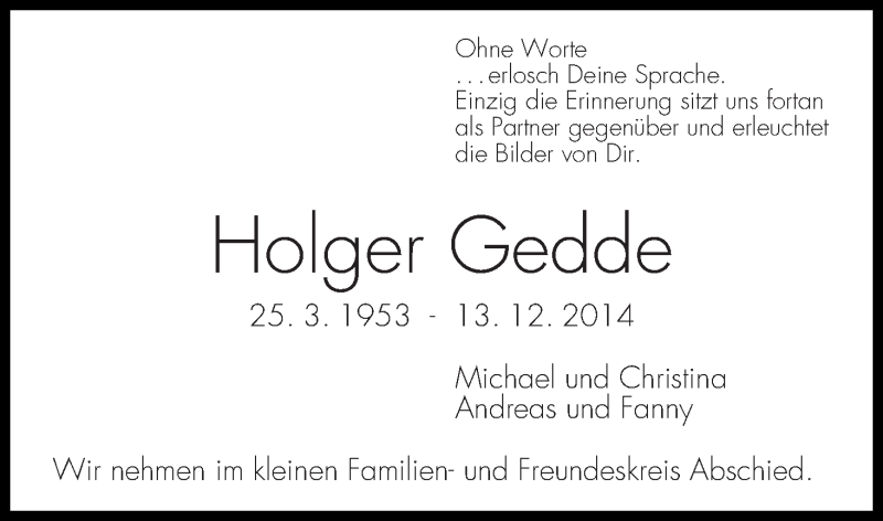Traueranzeige von Holger Gedde von WESER-KURIER