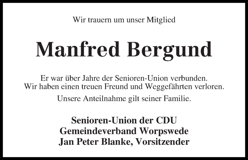 Traueranzeige von Manfred Bergund von Wuemme Zeitung