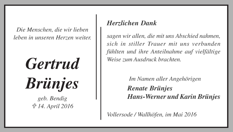 Traueranzeige von Gertrud Brünjes von Osterholzer Kreisblatt