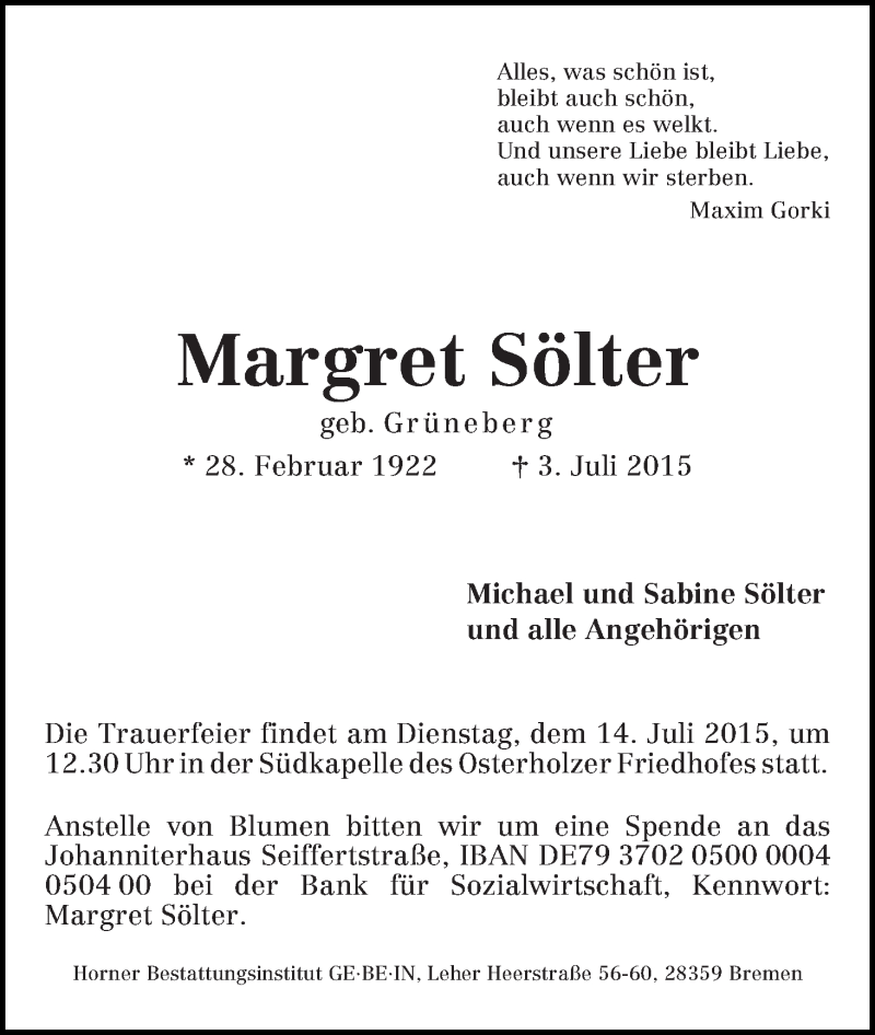  Traueranzeige für Margret Sölter vom 08.07.2015 aus WESER-KURIER