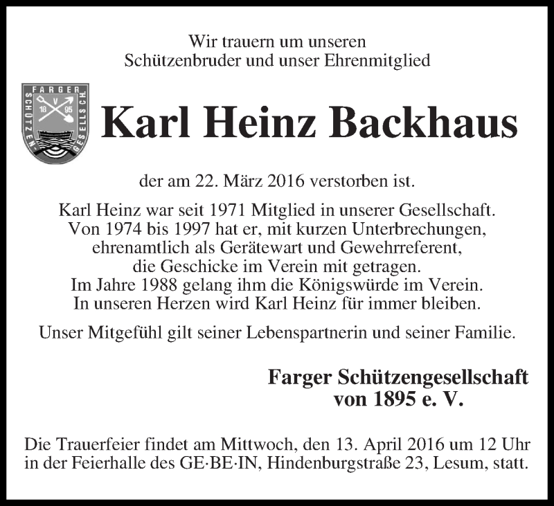 Traueranzeige von Karl Heinz Backhaus von Die Norddeutsche