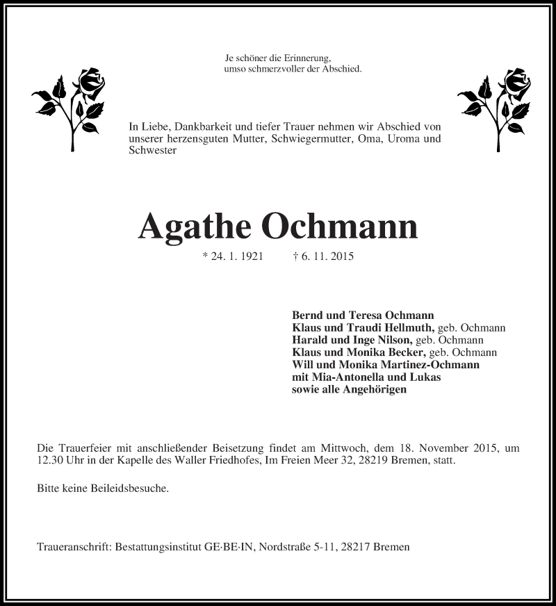 Traueranzeige von Agathe Ochmann von WESER-KURIER