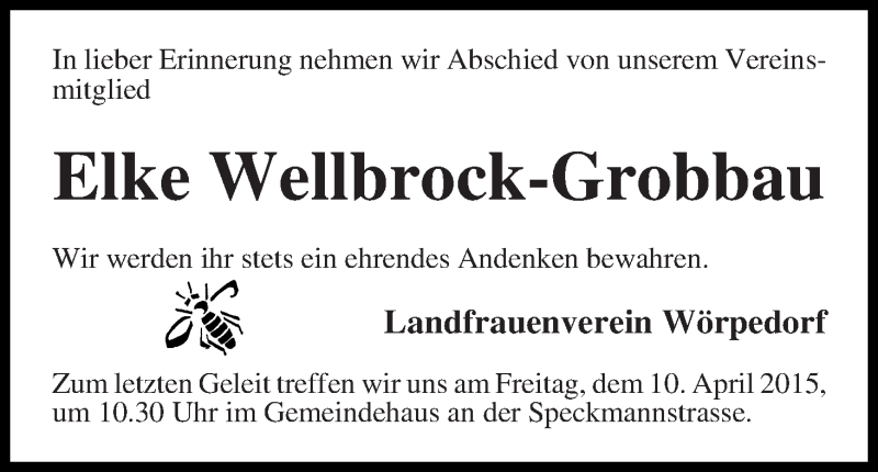 Traueranzeige von Elke Wellbrock-Grobbau von Wuemme Zeitung