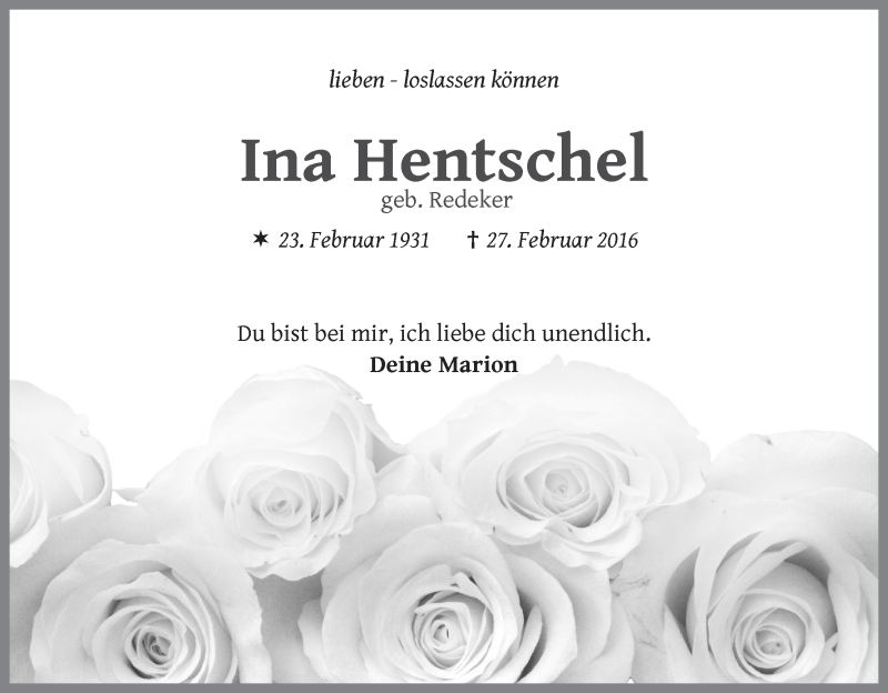 Traueranzeige von Ina Hentschel von WESER-KURIER
