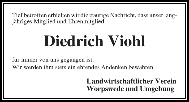 Traueranzeige von Diedrich Viohl von Wuemme Zeitung