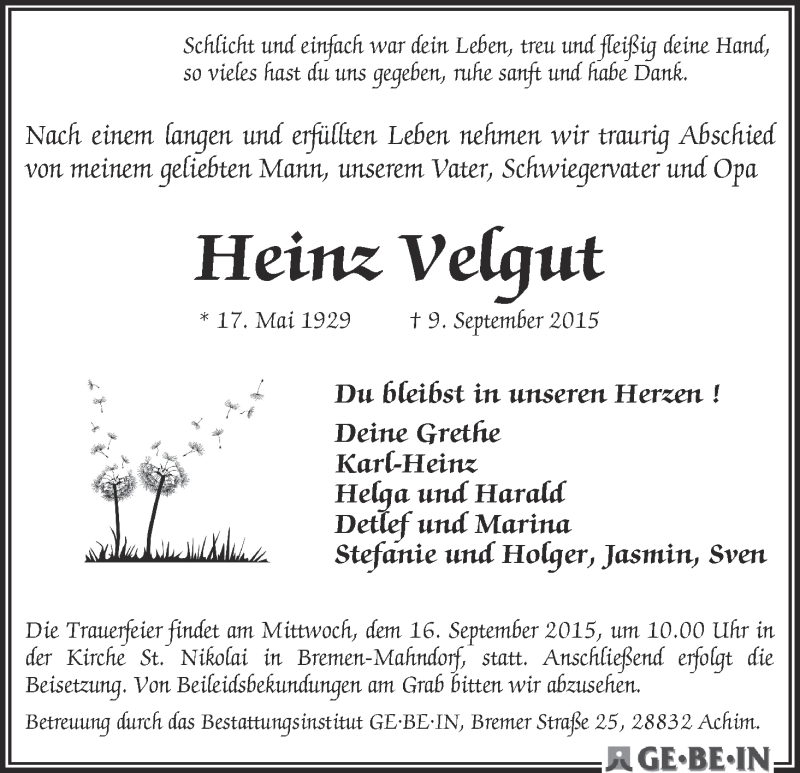 Traueranzeige von Heinz Velgut von WESER-KURIER