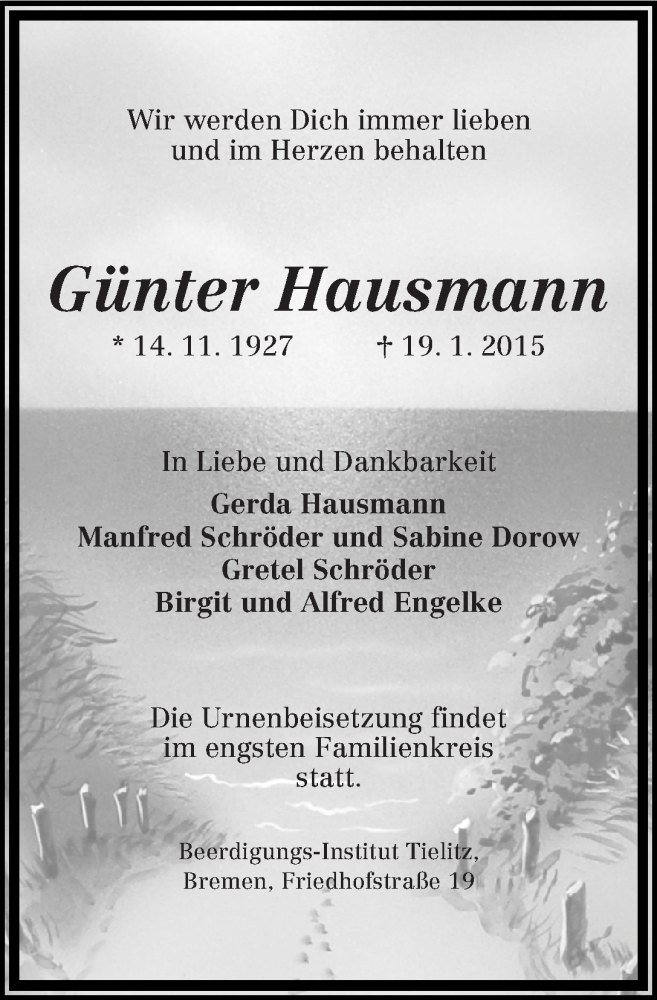 Traueranzeige von Günter Hausmann von WESER-KURIER