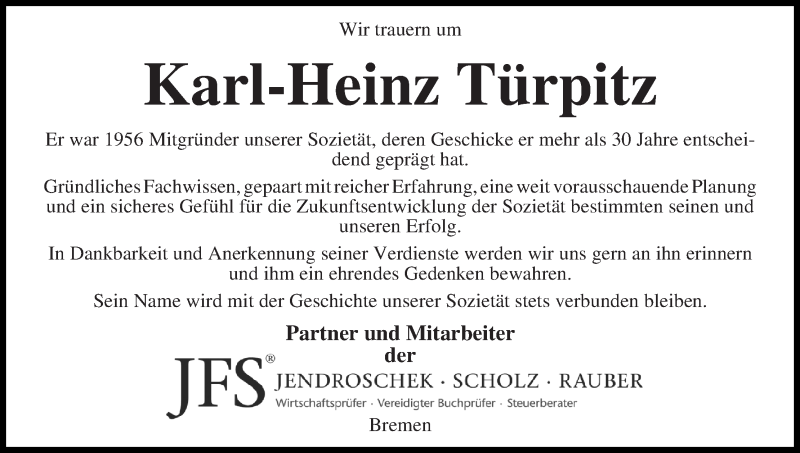 Traueranzeige von Karl-Heinz Türpitz von WESER-KURIER