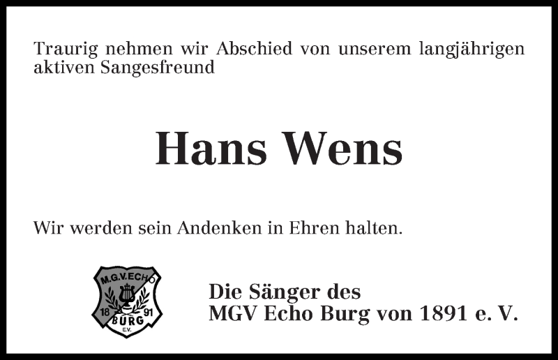 Traueranzeige von Hans Wens von Die Norddeutsche
