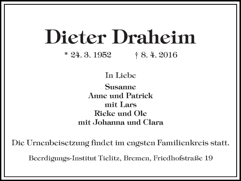  Traueranzeige für Dieter Draheim vom 13.04.2016 aus WESER-KURIER