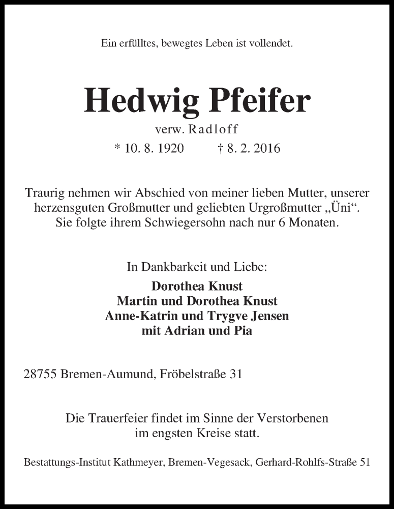 Traueranzeige von Hedwig Pfeifer von Die Norddeutsche