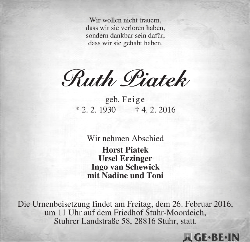 Traueranzeige von Ruth Piatek von WESER-KURIER