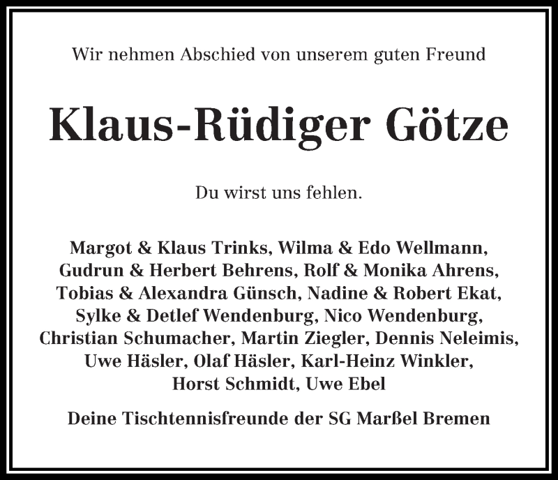 Traueranzeige von Klaus-Rüdiger Götze von Die Norddeutsche