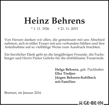 Traueranzeige von Heinz Behrens