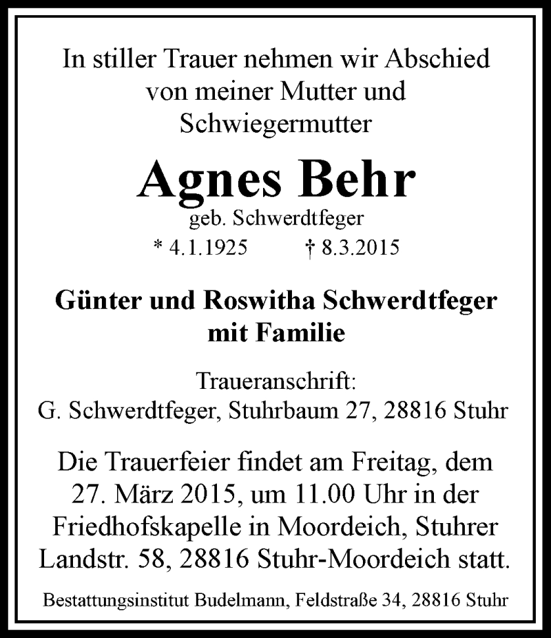 Traueranzeige von Agnes Behr von WESER-KURIER