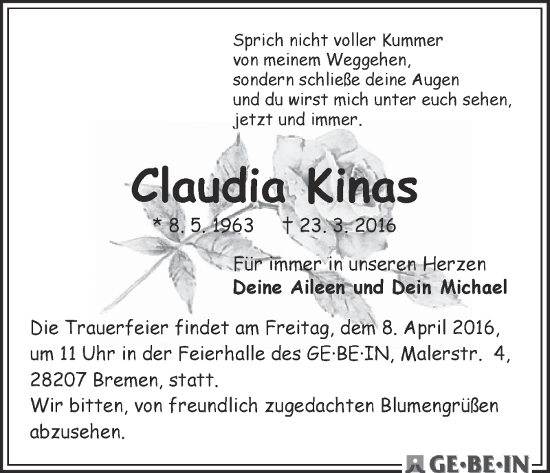  Traueranzeige für Claudia Kinas vom 02.04.2016 aus WESER-KURIER